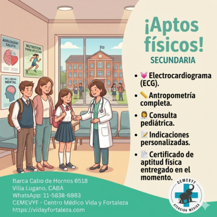 ¡Hola, mamás! 👋💕 Sabemos que los chicos ya están más grandes e independientes, pero cuidar su salud sigue siendo nuestra prioridad 🦸‍♂️🦸‍♀️. Para que arranquen la secundaria y sus deportes con todo, en CEMEVYF armamos un chequeo médico ágil, completo y en un ambiente súper amigable 🏥✨. ¿Qué incluye el circuito para adolescentes? 🩺 💓 Electrocardiograma (ECG): Clave para hacer actividad física seguros 🏃‍♀️. 📏 Antropometría: Seguimos de cerca su desarrollo (peso y talla) 🌱. 👩‍⚕️ Evaluación médica: Consulta integral con nuestro equipo clínico y pediátrico 🤗. 📝 Indicaciones personalizadas para esta etapa 💪. 📃 Certificado en el momento y ¡completamos la planilla de la escuela! ✍️✅ 📍 Las esperamos en Barca Cabo de Hornos 6518, Villa Lugano. ¡Resolvé este trámite en un solo día! 💖 Reservá su turno hoy y empiecen el año lectivo con total tranquilidad.
